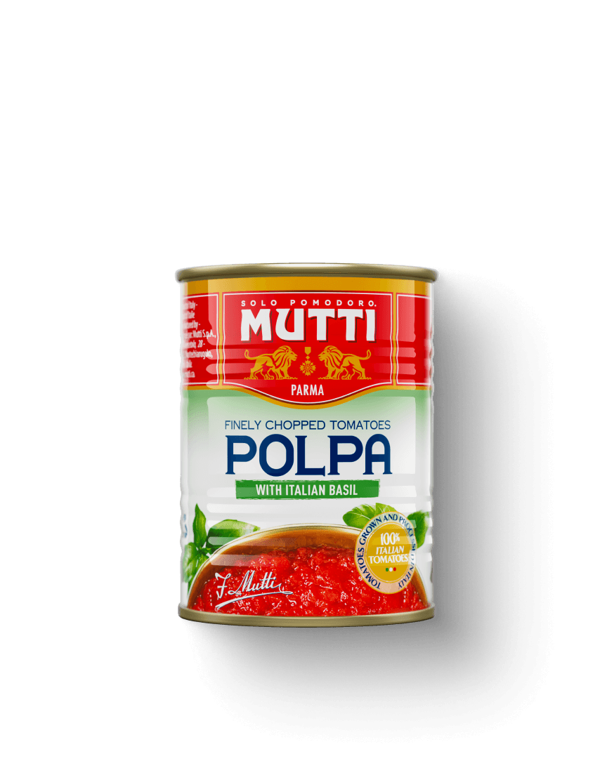 Mutti Polpa with Italian Basil finely chopped tomatoes in a can