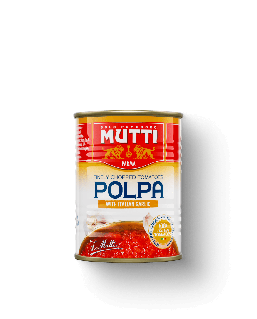 Mutti Polpa with Italian Garlic finely chopped tomatoes in a can