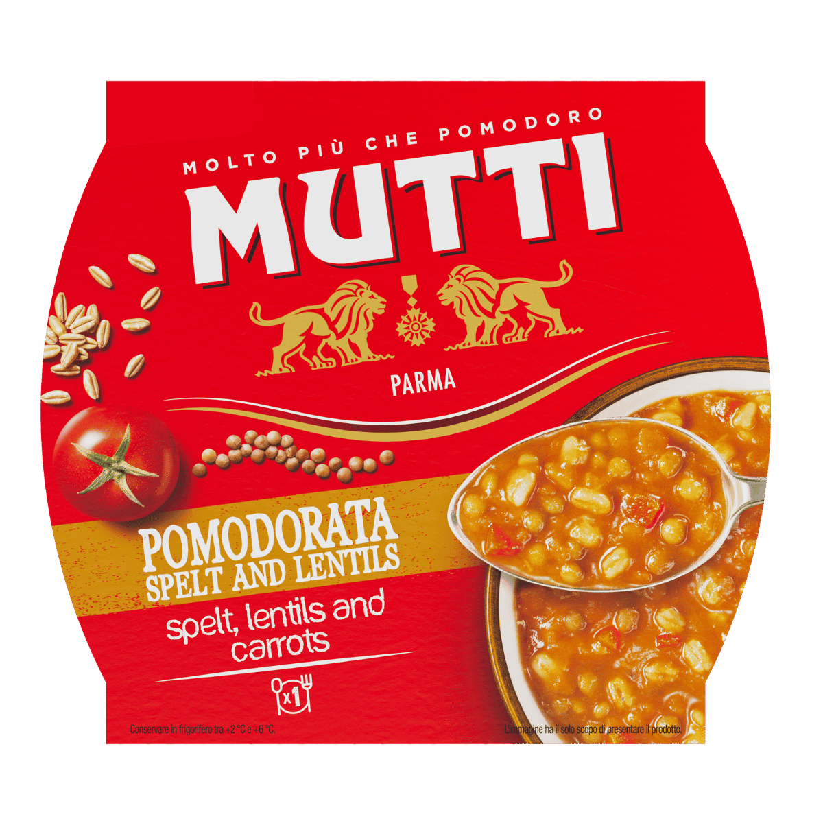 Mutti Pomodorata Soup with Spelt and Lentils in a plastic cup