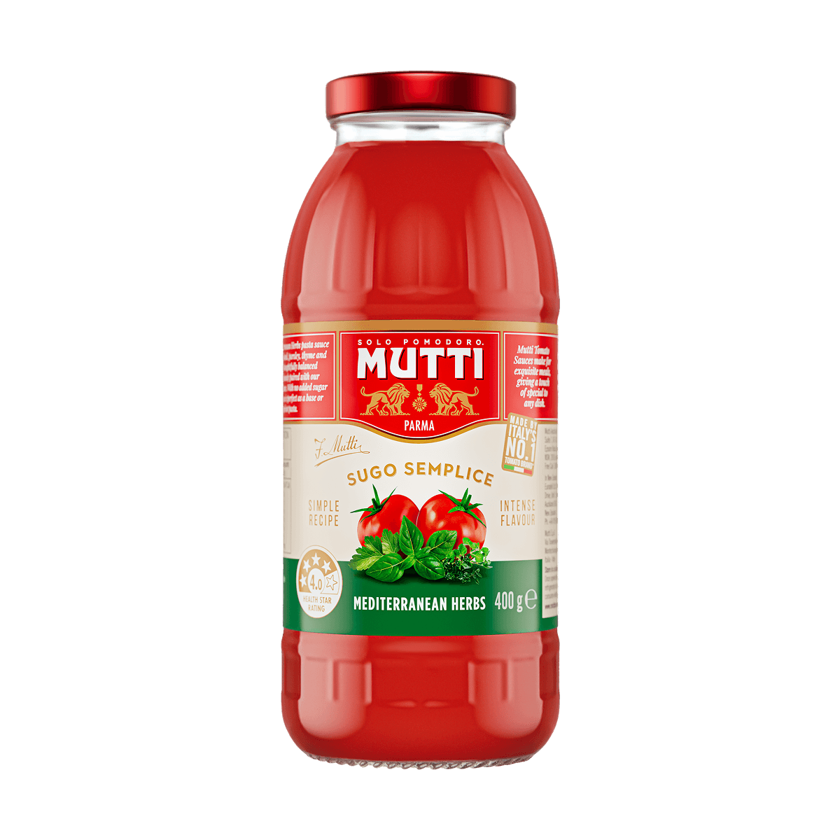 Mutti Sugo Semplice with Mediterranean Herbs in a 400g glass bottle