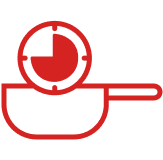 Clock icon with tick marks above a pan, symbolising longer cooking time