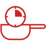 Clock icon above a pan, symbolising shorter cooking time