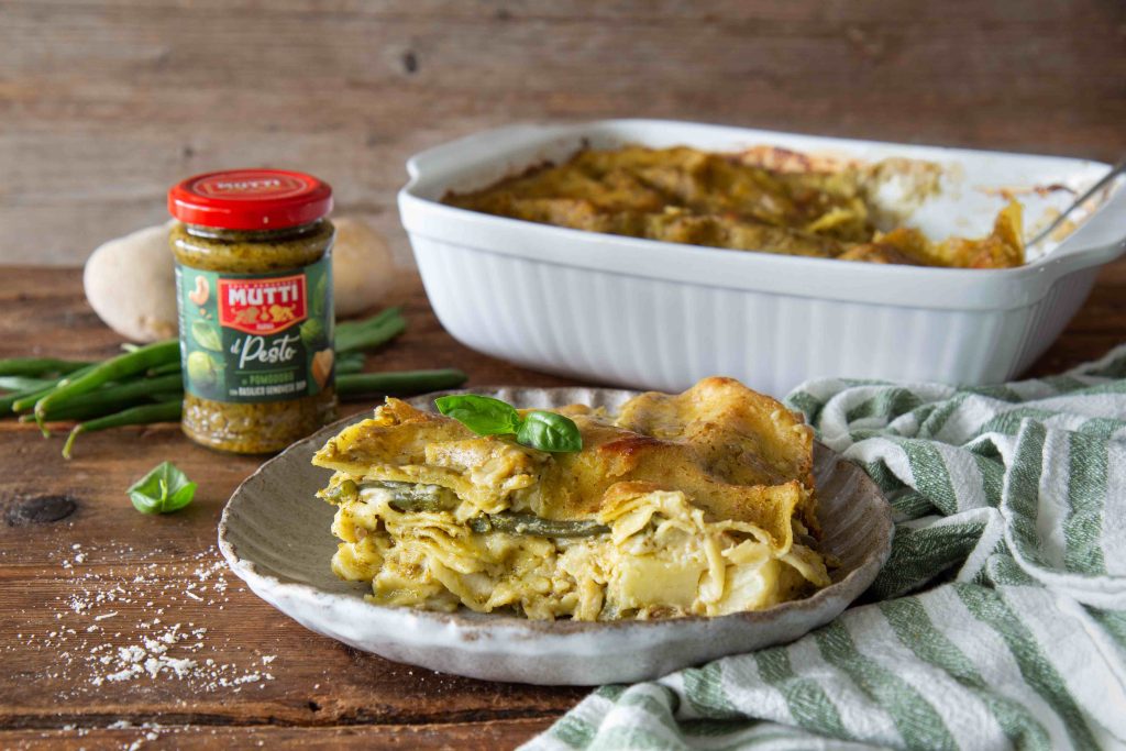 Lasagna with Mutti Tomato Pesto, potatoes, and green beans