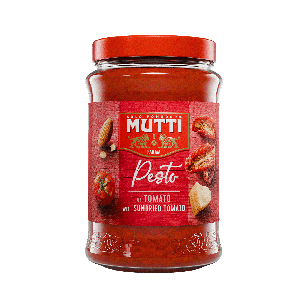 Mutti Red Tomato Pesto with sundried tomato in a glass jar